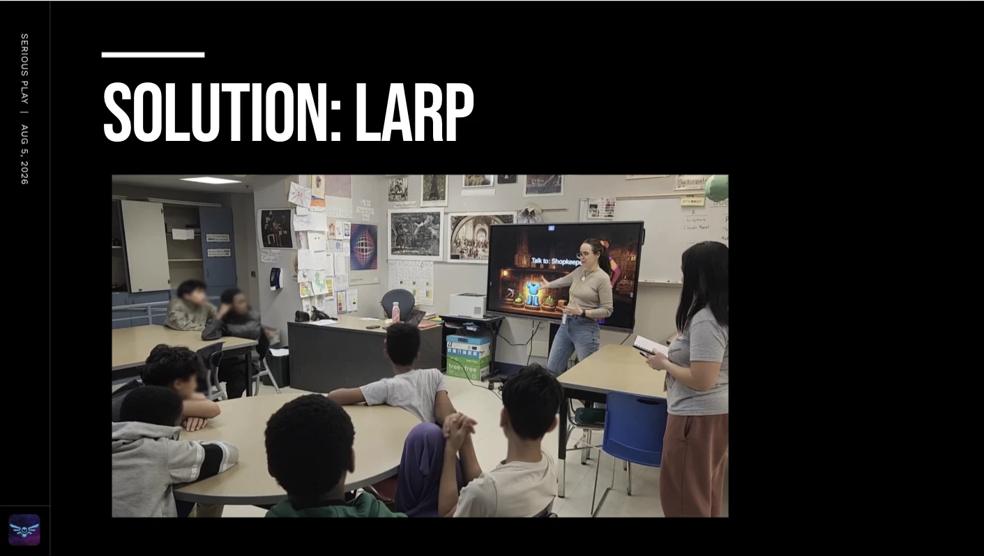 Slide, “Solution: LARP,” showing a photo of Lindsey role-playing an NPC in front of a middle-school class.