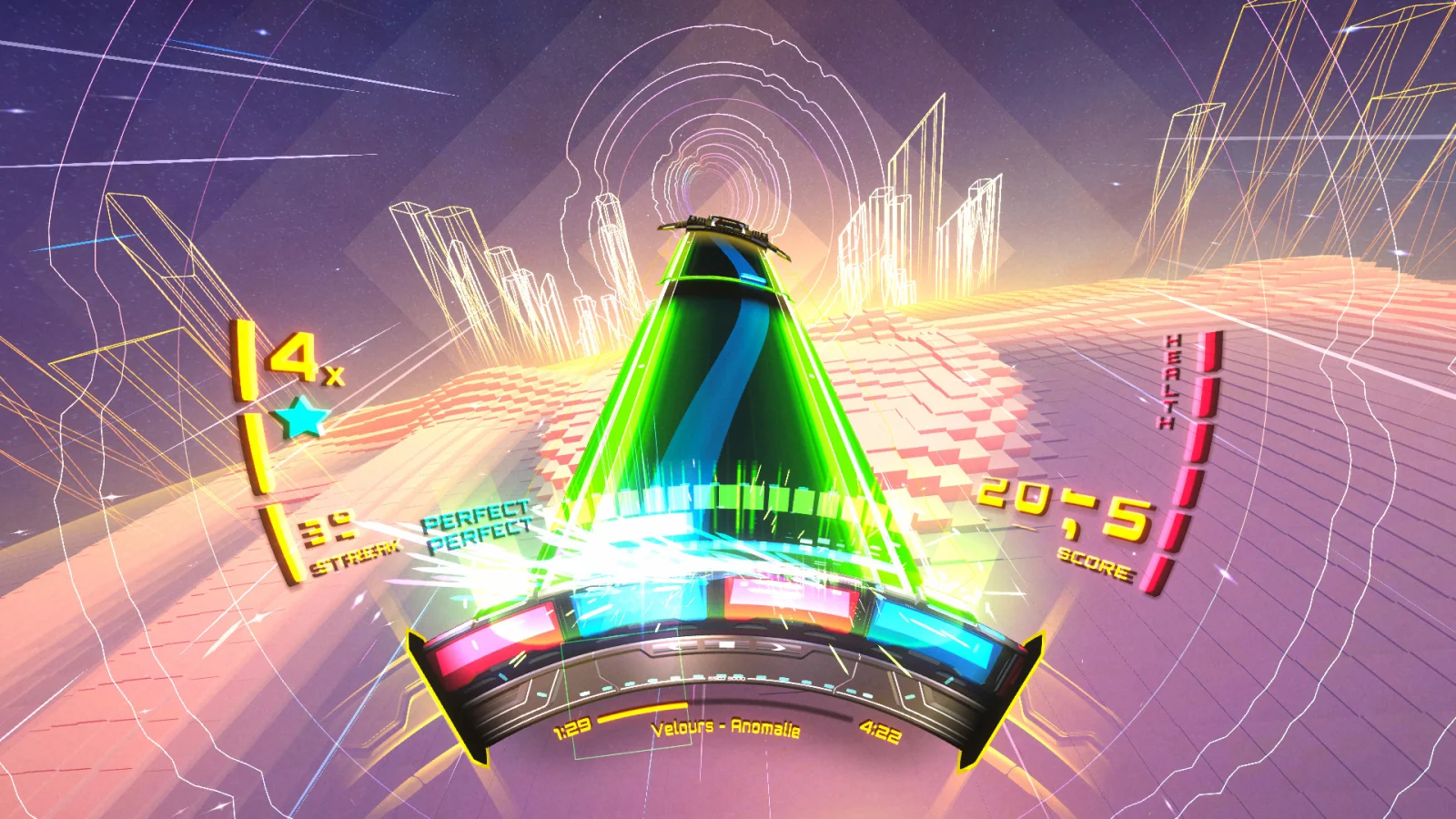 Screenshot of a rhythm game with notes streaming toward a hit zone — every cue is immediate, every miss feeds back in real time.