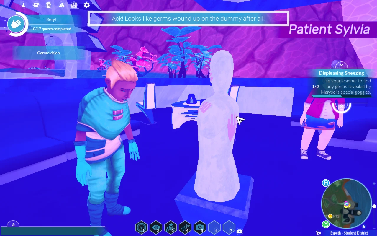 A learner inside the Tyto world investigating a “Miserable with Germs” storyline via browser