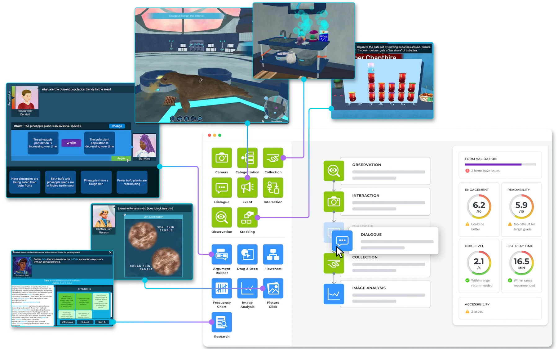 The Tyto authoring studio's mechanic palette and learning flow, mapped to real 3D gameplay screens and design-quality metrics.